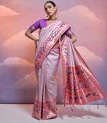 Purple Soft Banarasi Saree With Kanjivaram Weaving Texture And Contrast Weaving Border With Blouse