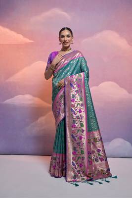 Rama Soft Banarasi Saree With Kanjivaram Weaving Texture And Contrast Weaving Border With Blouse 1