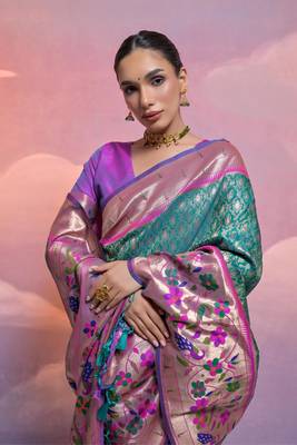 Rama Soft Banarasi Saree With Kanjivaram Weaving Texture And Contrast Weaving Border With Blouse 3