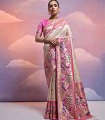 White Soft Banarasi Saree With Kanjivaram Weaving Texture And Contrast Weaving Border With Blouse