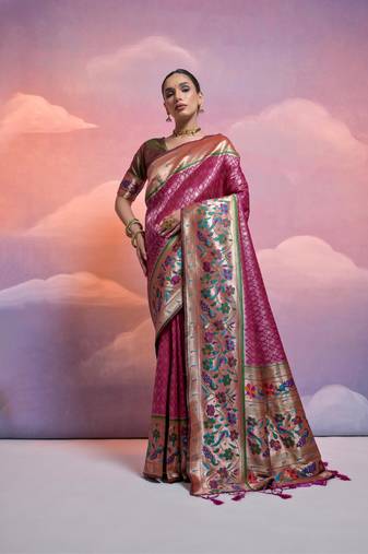 Wine Soft Banarasi Saree With Kanjivaram Weaving Texture And Contrast Weaving Border With Blouse