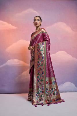 Wine Soft Banarasi Saree With Kanjivaram Weaving Texture And Contrast Weaving Border With Blouse 2