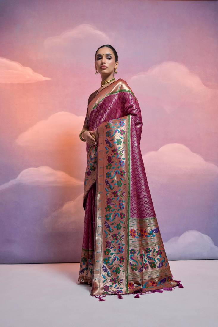 Wine Soft Banarasi Saree With Kanjivaram Weaving Texture And Contrast Weaving Border With Blouse