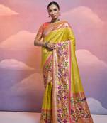 Yellow Soft Banarasi Saree With Kanjivaram Weaving Texture And Contrast Weaving Border With Blouse