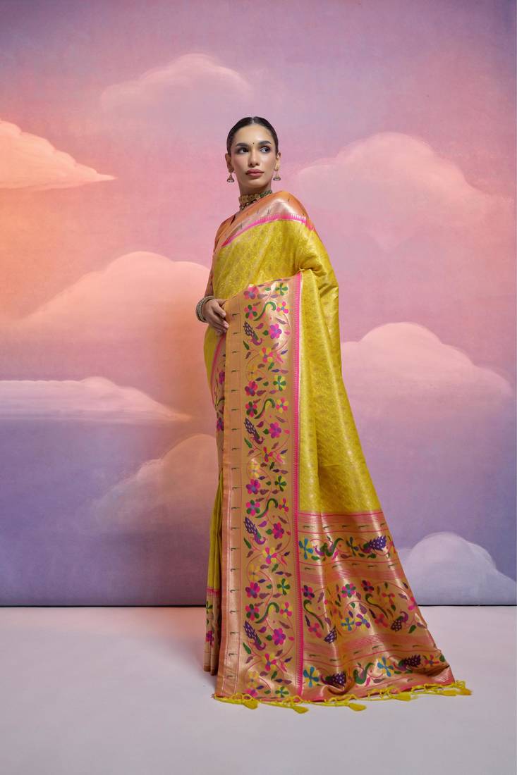 Yellow Soft Banarasi Saree With Kanjivaram Weaving Texture And Contrast Weaving Border With Blouse