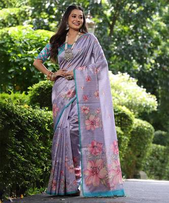 Lavender Gujarti Style Tussar Silk bland Floral Printe Pallu & Border Saree With Blouse 1