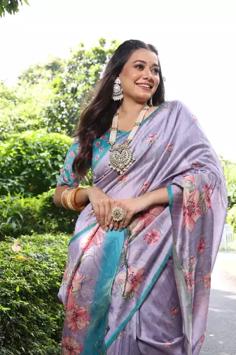 Lavender Gujarti Style Tussar Silk bland Floral Printe Pallu & Border Saree With Blouse