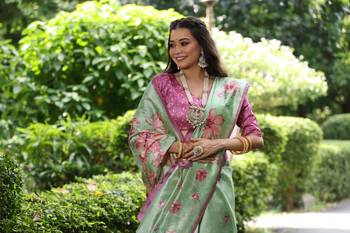 Pista Gujarti Style Tussar Silk bland Floral Printe Pallu & Border Saree With Blouse 2