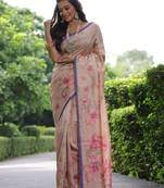 Off White Gujarti Style Tussar Silk bland Floral Printe Pallu & Border Saree With Blouse