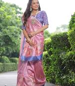 Pink Gujarti Style Tussar Silk bland Floral Printe Pallu & Border Saree With Blouse