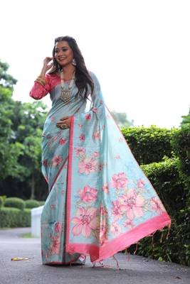 Sky Gujarti Style Tussar Silk bland Floral Printe Pallu & Border Saree With Blouse 2