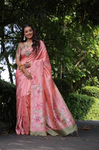 Peach Gujarti Style Tussar Silk bland Floral Printe Pallu & Border Saree With Blouse