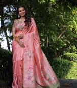 Peach Gujarti Style Tussar Silk bland Floral Printe Pallu & Border Saree With Blouse