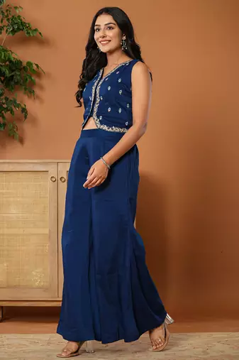  embroidered blue waistcoat coord set with attached lining