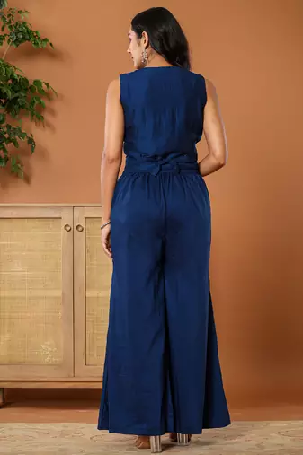  embroidered blue waistcoat coord set with attached lining