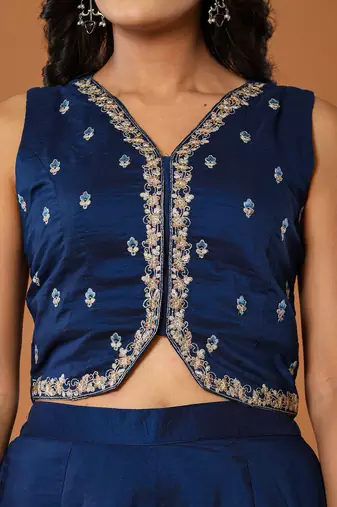  embroidered blue waistcoat coord set with attached lining