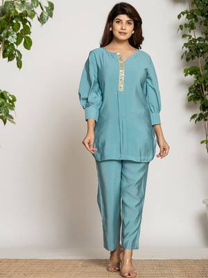  turquoise blue silkblend solid co-ord set 1