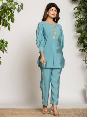  turquoise blue silkblend solid co-ord set 2