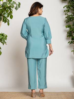  turquoise blue silkblend solid co-ord set 3
