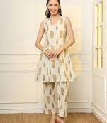  mustard and off white ethnic motifs cotton top and trouser co-ord set