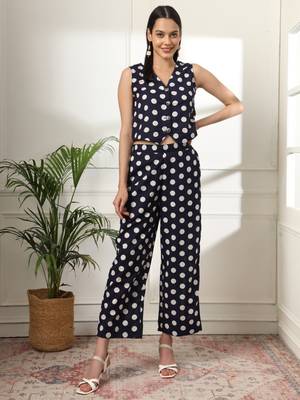  blue cotton polka dot waistcoat co-ord 1