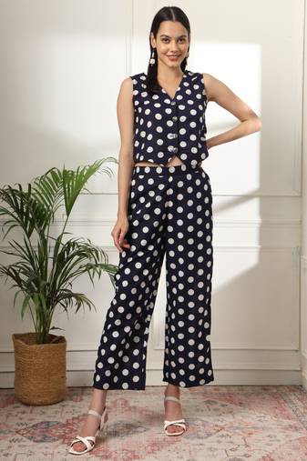  blue cotton polka dot waistcoat co-ord