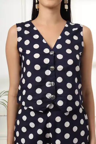  blue cotton polka dot waistcoat co-ord