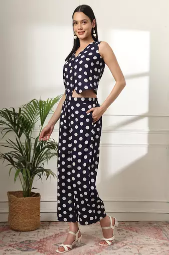  blue cotton polka dot waistcoat co-ord