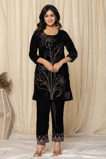  black embroidered velvet co-ord set