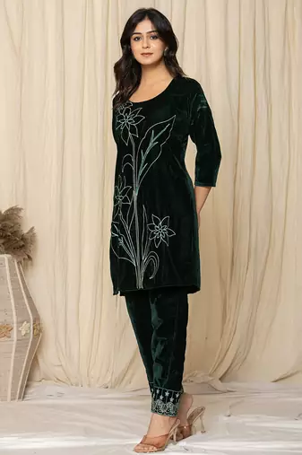  green embroidered velvet co-ord set
