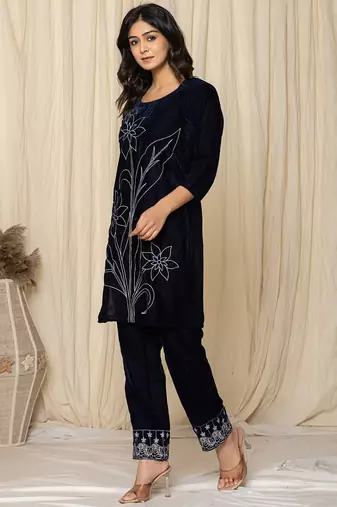  blue embroidered velvet co-ord set