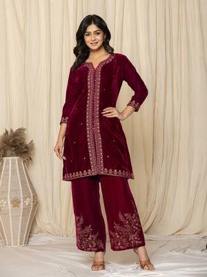  pink zari work velvet co-ord set 1