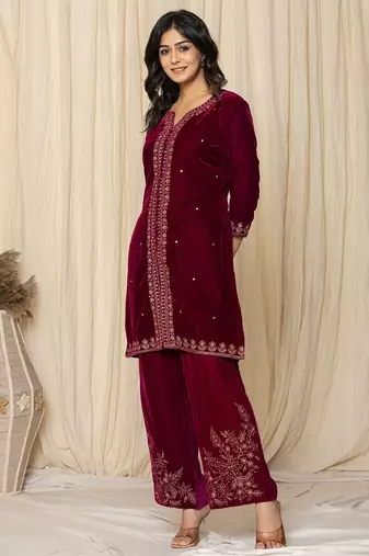  pink zari work velvet co-ord set