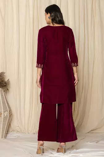  pink zari work velvet co-ord set