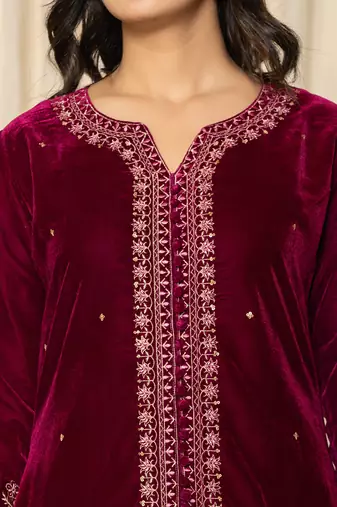  pink zari work velvet co-ord set