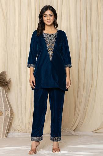  blue velvet embroidered co-ord set