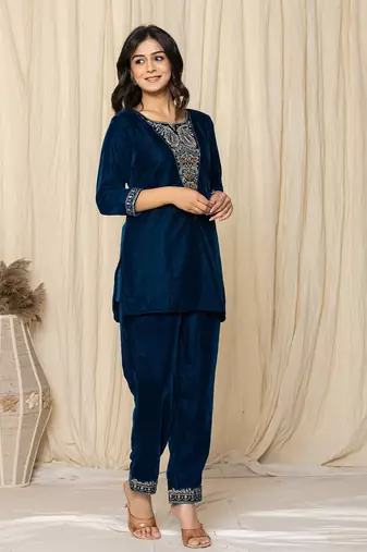  blue velvet embroidered co-ord set