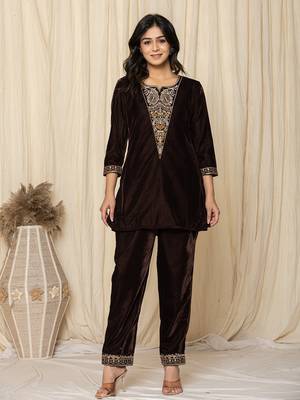  coffee brown velvet embroidered co-ord set 1