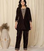  coffee brown velvet embroidered co-ord set