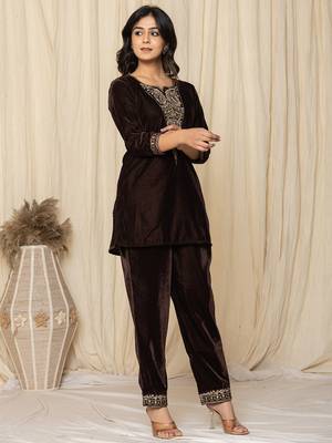  coffee brown velvet embroidered co-ord set 2