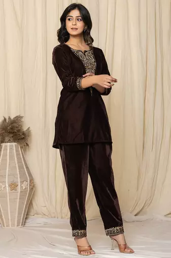  coffee brown velvet embroidered co-ord set