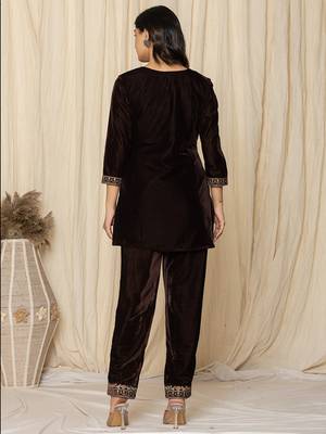  coffee brown velvet embroidered co-ord set 3