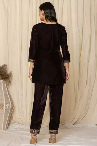  coffee brown velvet embroidered co-ord set