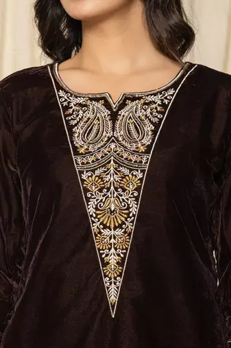  coffee brown velvet embroidered co-ord set
