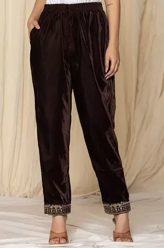  coffee brown velvet embroidered co-ord set