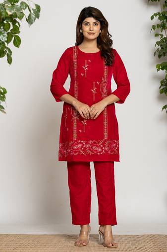 pink velvet embroidered tunic co-ord set with cotton lining