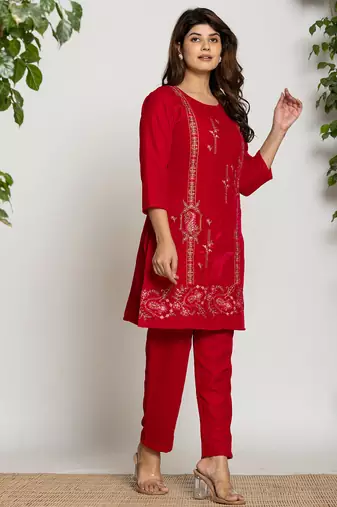  pink velvet embroidered tunic co-ord set with cotton lining