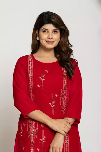  pink velvet embroidered tunic co-ord set with cotton lining