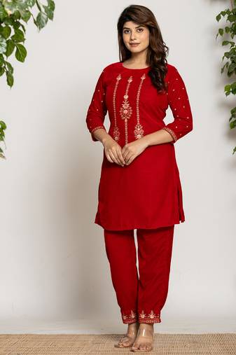  red velvet embroidered co-ord set with cotton lining