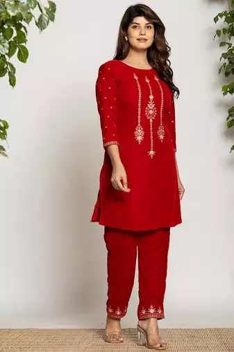  red velvet embroidered co-ord set with cotton lining